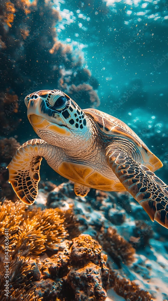 Obraz premium Sea turtle swimming coral reef ocean wildlife