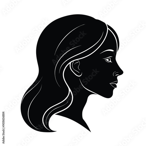 Elegant woman silhouette profile with flowing hair illustration in black and white for beauty concepts