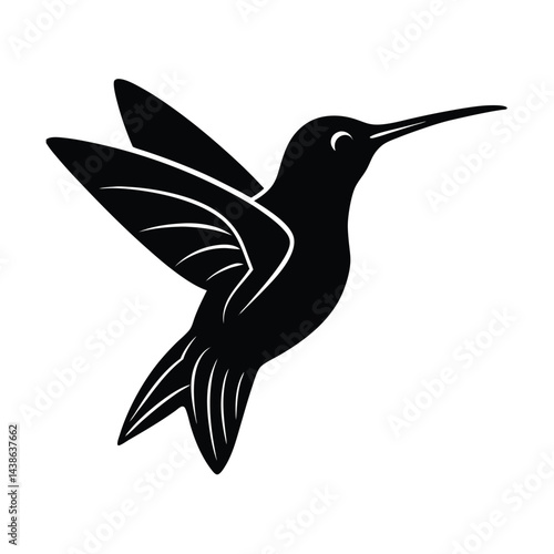 Elegant black silhouette illustration of a hummingbird in flight with stylized wing detail