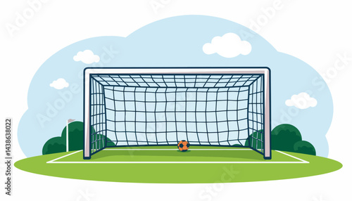 Soccer net with ball and geometric clouds, sports illustration