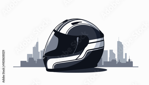 Sleek motorcycle police helmet illustration with city skyline, modern design