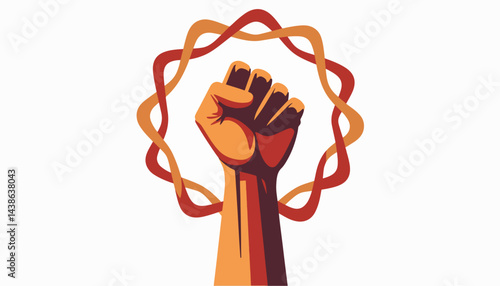 Raised fist symbolizing solidarity surrounded by abstract designs, unity