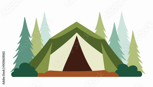 Stylized camping tent surrounded by geometric trees, outdoor adventure