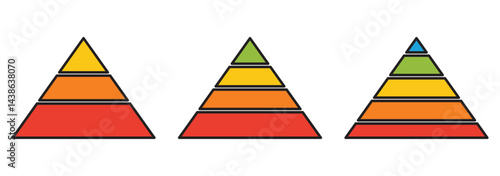 Levels of triangular pyramid. Triangle pyramid chart. Maslow layer diagram. Development level infographic. Business graph. Tree set of pyramid infographic icon. 