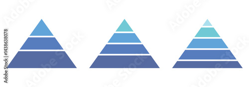 Levels of triangular pyramid. Triangle pyramid chart. Maslow layer diagram. Development level infographic. Business graph. Tree set of pyramid infographic icon. 