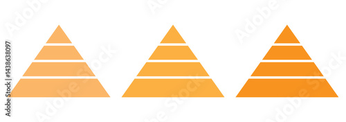 Levels of triangular pyramid. Triangle pyramid chart. Maslow layer diagram. Development level infographic. Business graph. Tree set of pyramid infographic icon. 