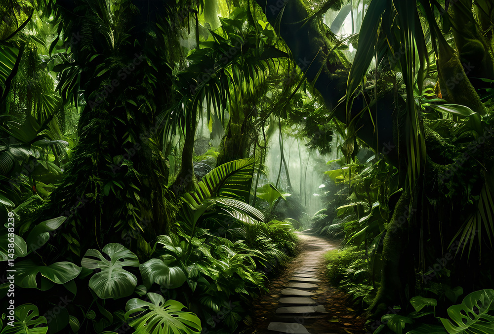 Fototapeta premium waterfall in tropical jungle lake, mountain, landscape, water, mountains, nature, sky, reflection, snow, forest, alps, clouds, park, summer, travel, glacier, scenic, new zealand, outdoors, wilderness,