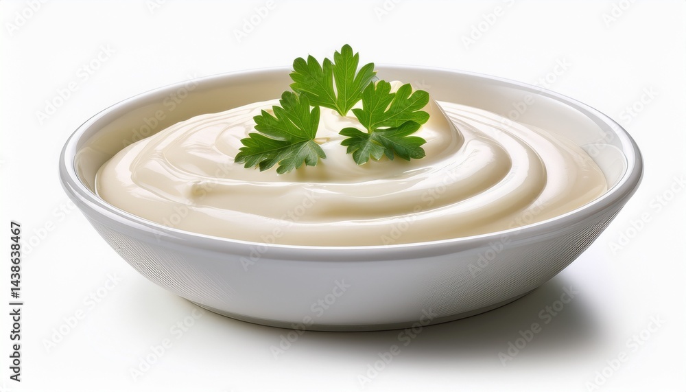a creamy sauce in a white bowl garnished with fresh parsley isolated against a white background a creamy sauce in a white bowl garnished with fresh parsley isolated against a white background