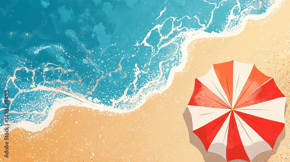 Naklejka premium Summer beach scene with red and white striped umbrella on sandy shore near turquoise ocean waves sea
