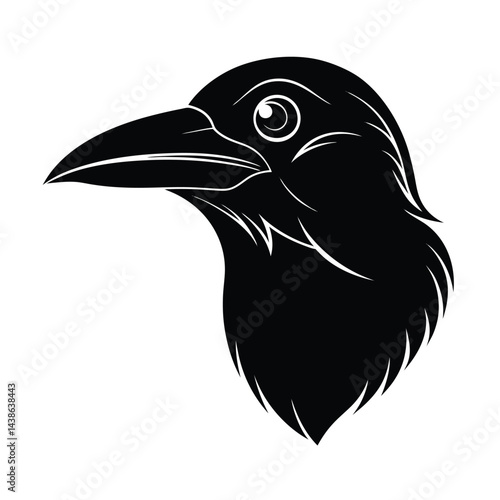 Raven head silhouette illustration detailed bird design and wildlife representation minimalist black and white artwork