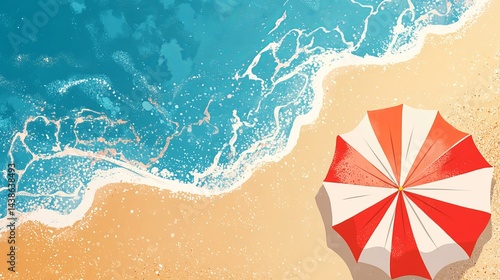 Fototapeta Naklejka Na Ścianę i Meble -  Summer beach scene with red and white striped umbrella on sandy shore near turquoise ocean waves sea