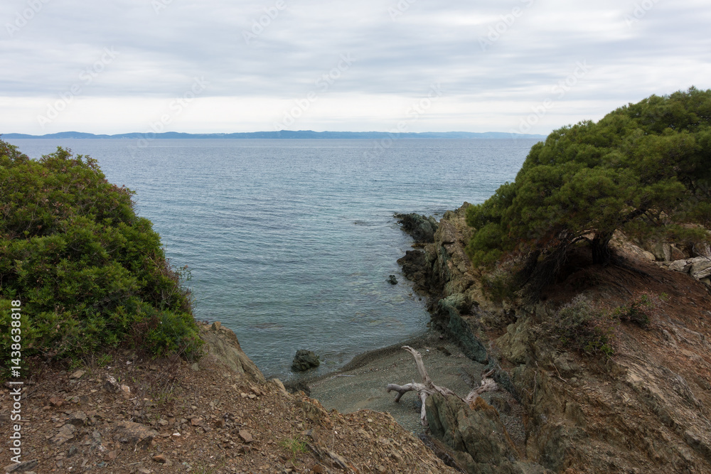 Beautiful scenery by the sea under a cloudy sky in Sithonia, Chalkidiki, Greece