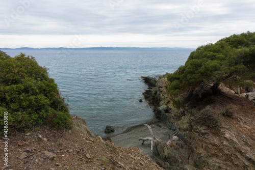 Beautiful scenery by the sea under a cloudy sky in Sithonia, Chalkidiki, Greece