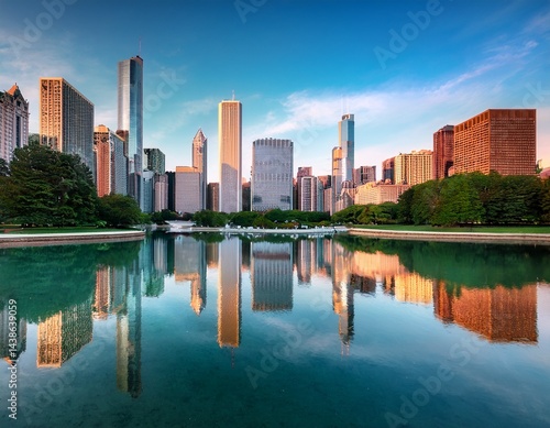 reflected chicago city view from the millennium park chicago illinois usa