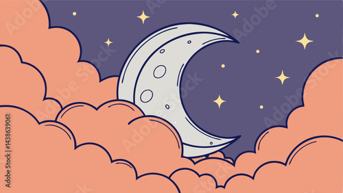 Crescent Moon Night Sky Clouds Illustration