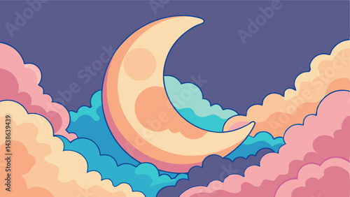 Crescent Moon in Pastel Clouds Night Sky