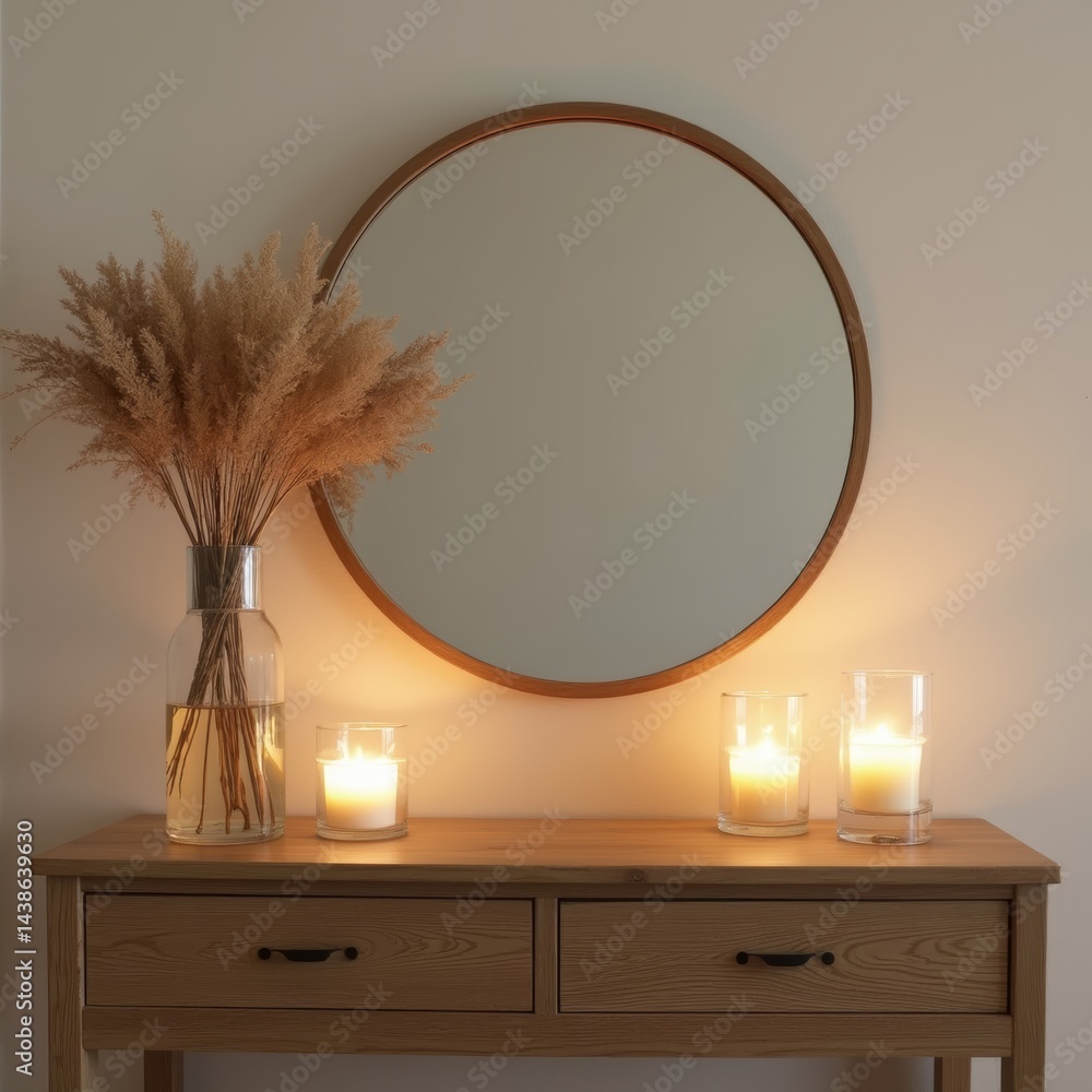 Low wooden side table with a round mirror in a thin frame, candles in glass holders, and a bundle of dried flowers. Low wooden side table with a round mirror in a thin frame, candles in glass holders, and a bundle of dried flowers.