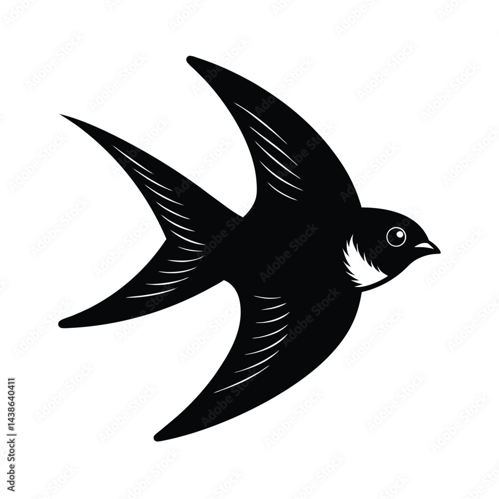 Fototapeta premium Stylized swallow bird black and white illustration elegant flying design vector graphic clean cut isolated on white background
