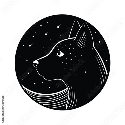 Minimalist wolf profile against starry night sky black and white animal design