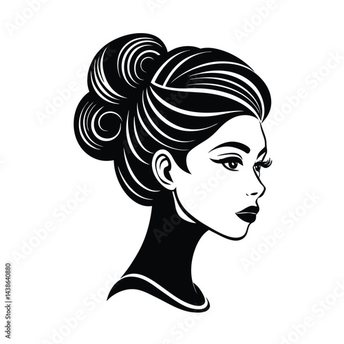 Elegant woman portrait silhouette with sophisticated hairstyle and beautiful features in black and white style