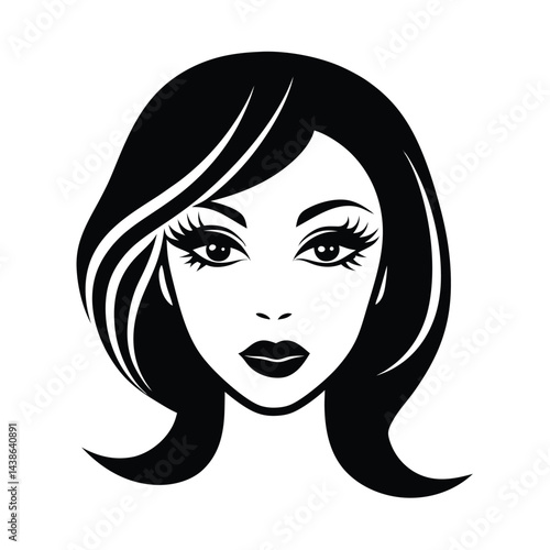 Elegant woman face vector illustration with short hairstyle and glamorous makeup in black and white