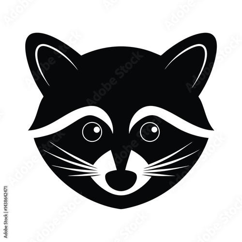 Minimalist black and white raccoon face illustration for graphic design projects and cute animal themes