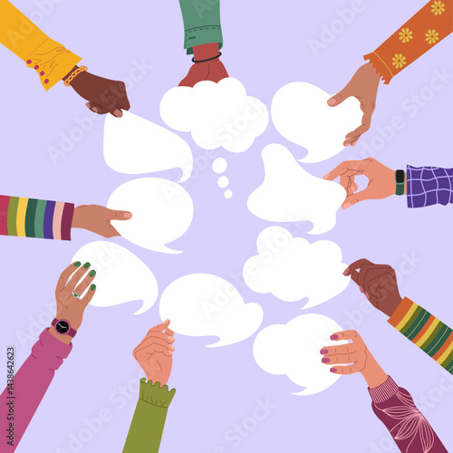 Hands holding speech bubbles, exchange of opinions, ideas or information. Teamwork, cooperation and communication. Hand drawn vector illustration isolated on purple background, flat cartoon style.