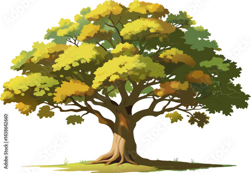 A watercolor illustration of an English Oak (Quercus robur), isolated on a white background, showing its full leafy crown and sturdy trunk in accurate detail. Isolated on White Background