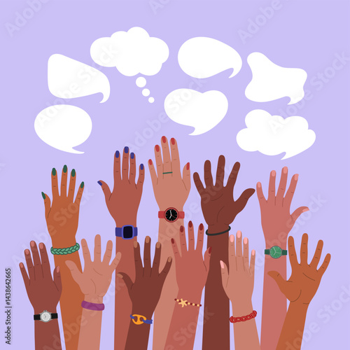 Group of diverse multiracial hands raised up and speech bubbles. Communication, opinions and idea exchange. Hand drawn vector vector illustration isolated on purple background, flat cartoon style.