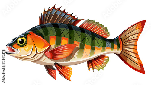 Very beautiful European perch known as the common, redfin, big-scaled redfin, English, Eurasian river perch white background