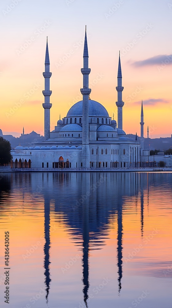 Fototapeta premium Mosque and Water Reflection at Sunset