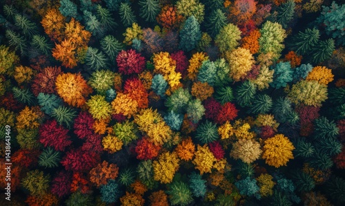Aerial view of vibrant autumn forest showcasing colorful foliage and diverse trees