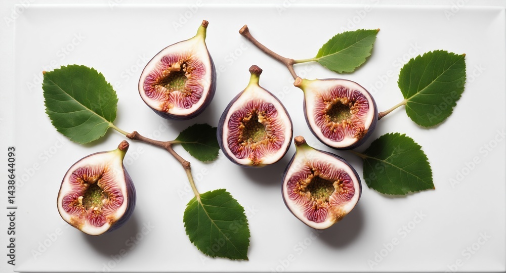 Fresh figs with green leaves on white background. Top view flat lay