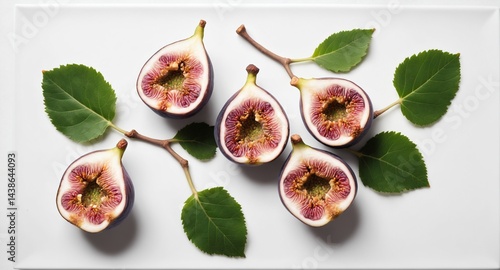 Obraz na płótnie Fresh figs with green leaves on white background. Top view flat lay w salonie