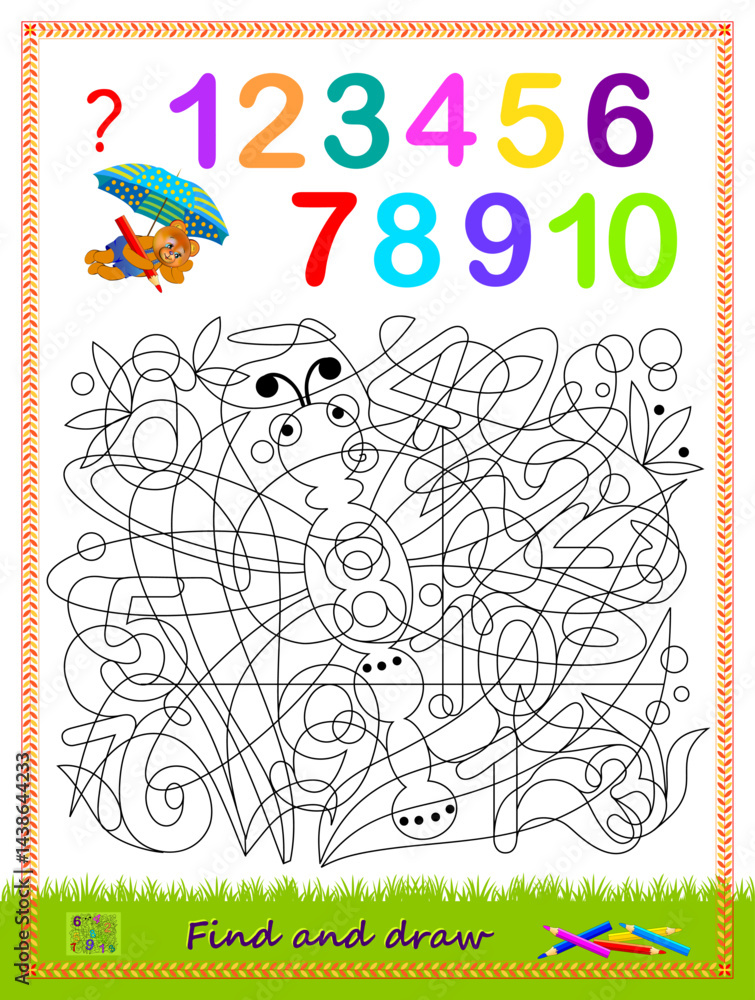 Can you find and color all the numbers from 1 to 10 hidden in picture? Educational page for little children. Logic puzzle game. Coloring book. Worksheet for kids school textbook. Vector illustration. Can you find and color all the numbers from 1 to 10 hidden in picture? Educational page for little children. Logic puzzle game. Coloring book. Worksheet for kids school textbook. Vector illustration.