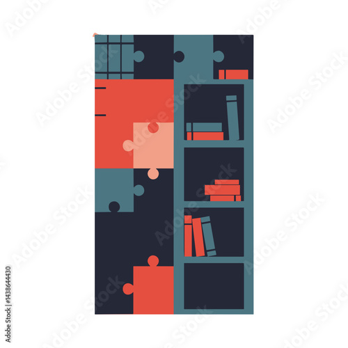 Colorful Puzzle Bookshelf Illustration with Books and Shapes  
