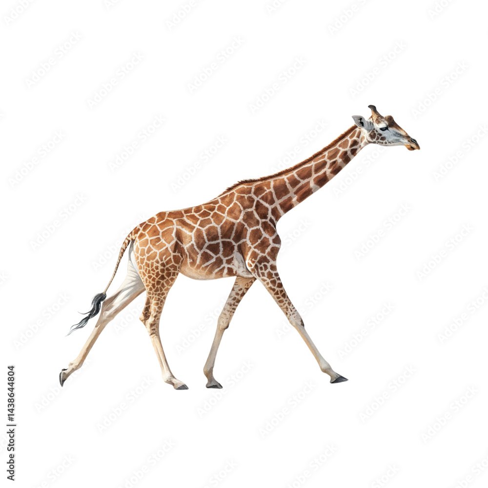 Naklejka premium Graceful giraffe walking with tall stature and distinct spotted coat symbolizing wildlife conservation, African safaris, exotic adventures, and natural beauty exploration