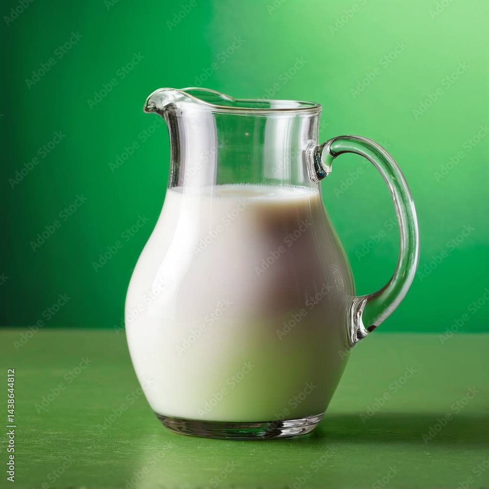 Milk in pitcher jug on green background.