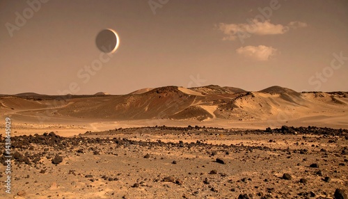 Vast desert landscape pocked with craters and jagged rocks with eerie lighting from solar eclipse