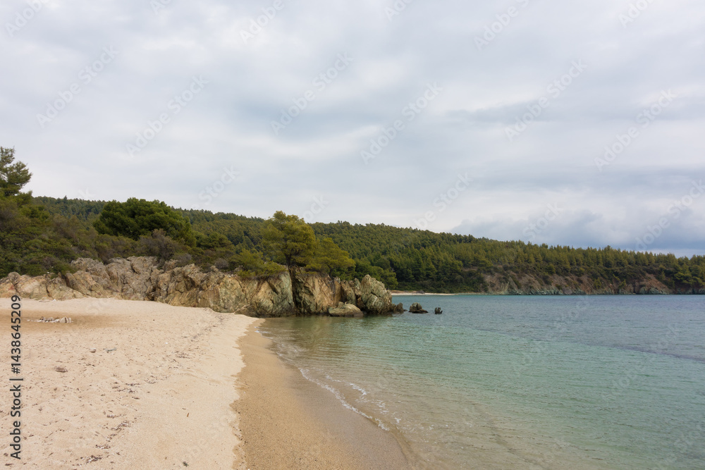 Beautiful scenery by the sea under a cloudy sky in Sithonia, Chalkidiki, Greece