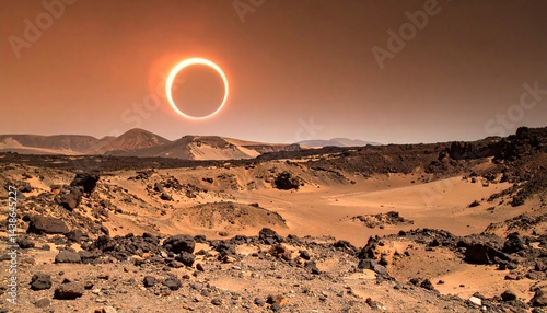 Vast desert landscape pocked with craters and jagged rocks with eerie lighting from solar eclipse