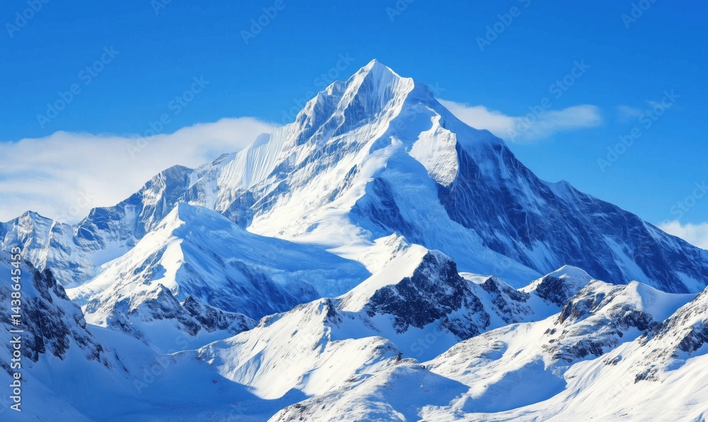 Obraz premium Majestic snow-capped mountain peak under clear blue sky with surrounding rugged terrain