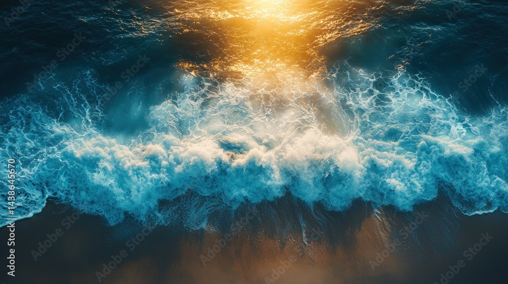 Obraz premium Waves crashing on beach, golden sun ablaze