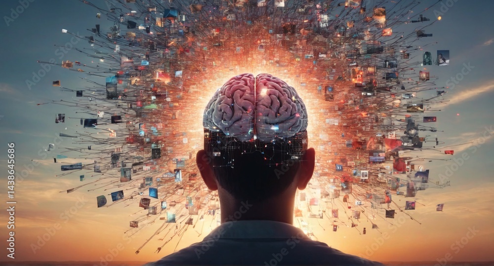 Young man with glowing brain activity