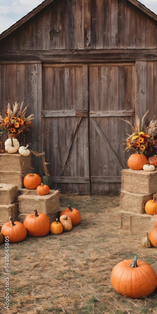 Autumn-Themed Background Backdrop Fall Flowers, Pumpkins, Gourds, Hay Bales,