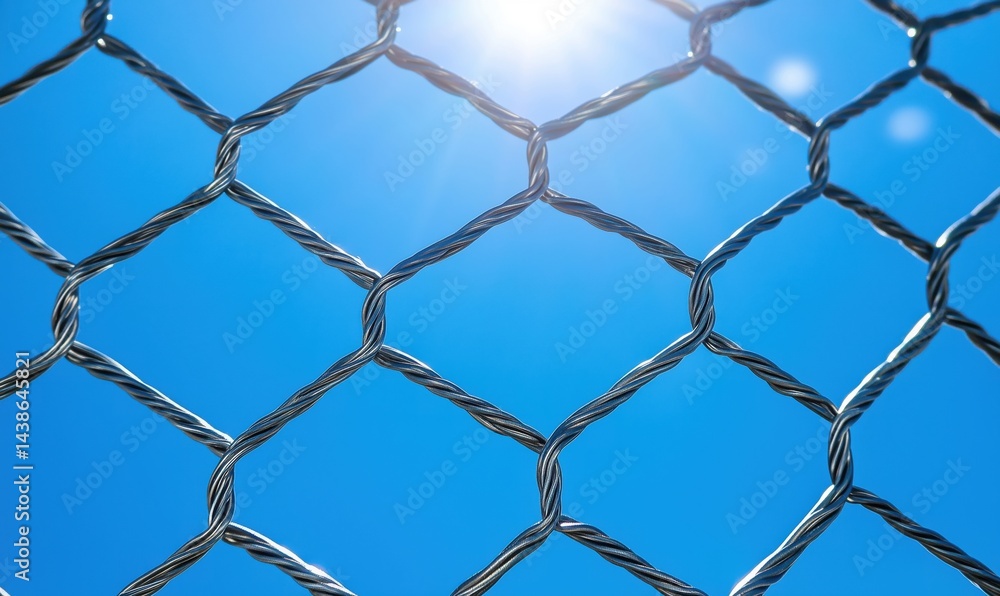 Naklejka premium Close-up of metallic wire mesh against bright blue sky and sun rays