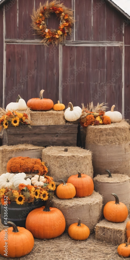 Autumn-Themed Background Backdrop Fall Flowers, Pumpkins, Gourds, Hay Bales,