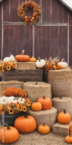 Obraz na płótnie Autumn-Themed Background Backdrop Fall Flowers, Pumpkins, Gourds, Hay Bales, w salonie