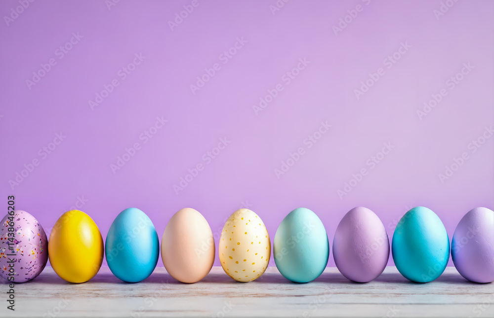 Row of easter painted eggs on violet background.