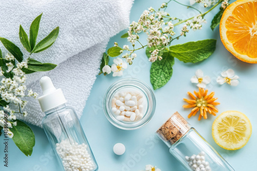 Homeopathic globules, dropper bottle, lemon, orange, towel and flowers on blue background